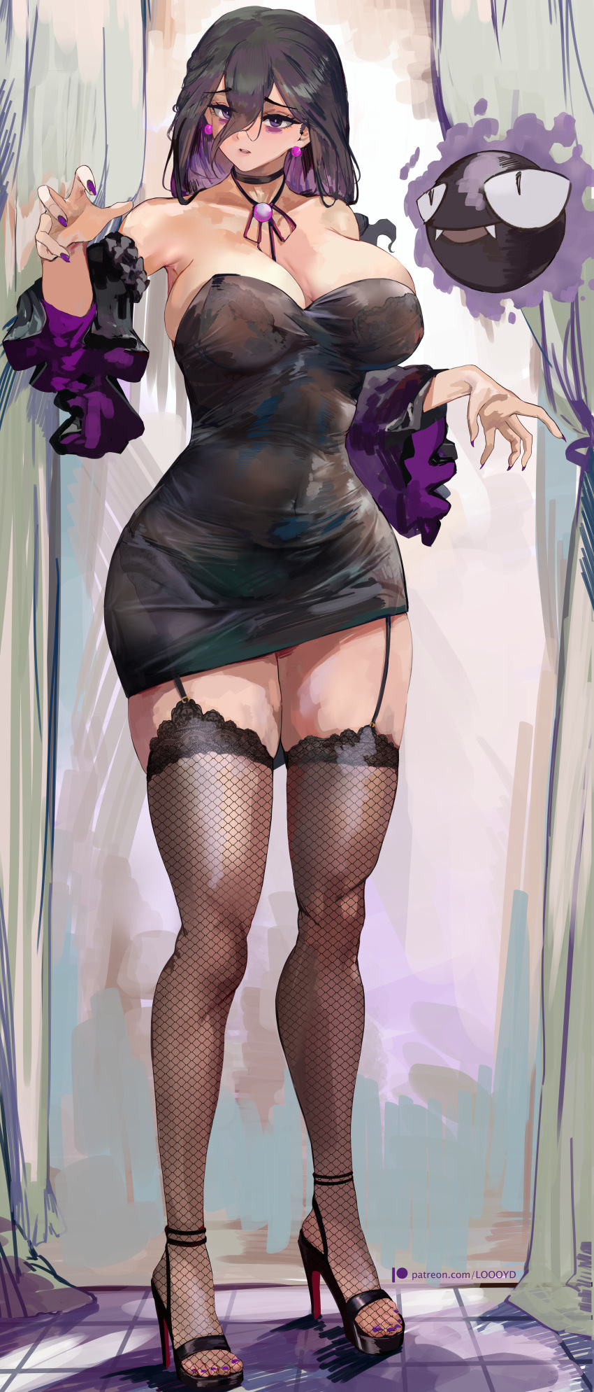1girl big_breasts black_hair bubble_butt cleavage fishnet fishnets hex_maniac hex_maniac_(pokemon) hex_maniac_(z-a) horny humans_of_pokemon inviting_to_sex looking_at_viewer loooyd pokemon pokemon_(anime) pokemon_(game) pokemon_legends:_z-a pose purple_eyes standing stockings teasing thick_thighs