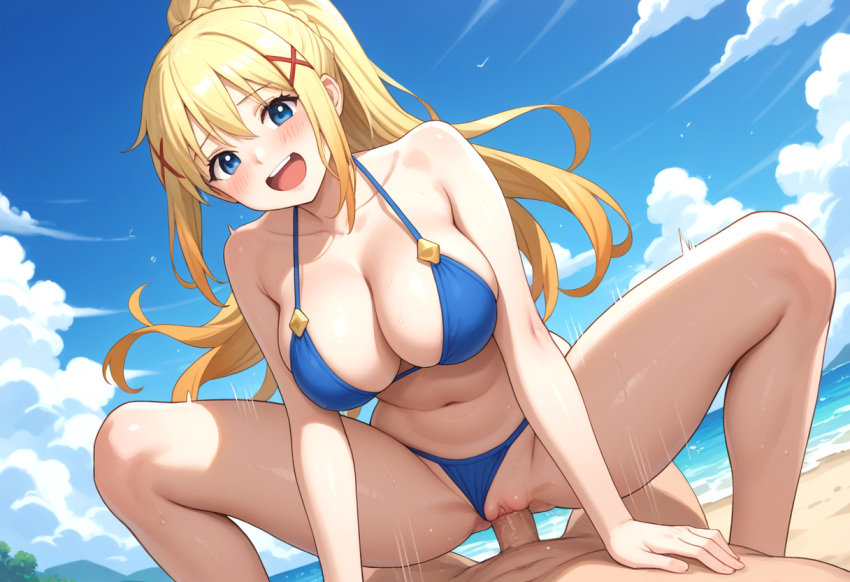 1boy 1girl 1girls ai_generated beach beach_sex big_breasts bikini blonde_hair blue_bikini blue_eyes blush bra breasts cowgirl_position darkness_(konosuba) duo grin kono_subarashii_sekai_ni_shukufuku_wo! konosuba legs_spread light-skinned_female light-skinned_male male panties panties_aside penis penis_in_pussy ponytail pov pussy sex smile vaginal_penetration