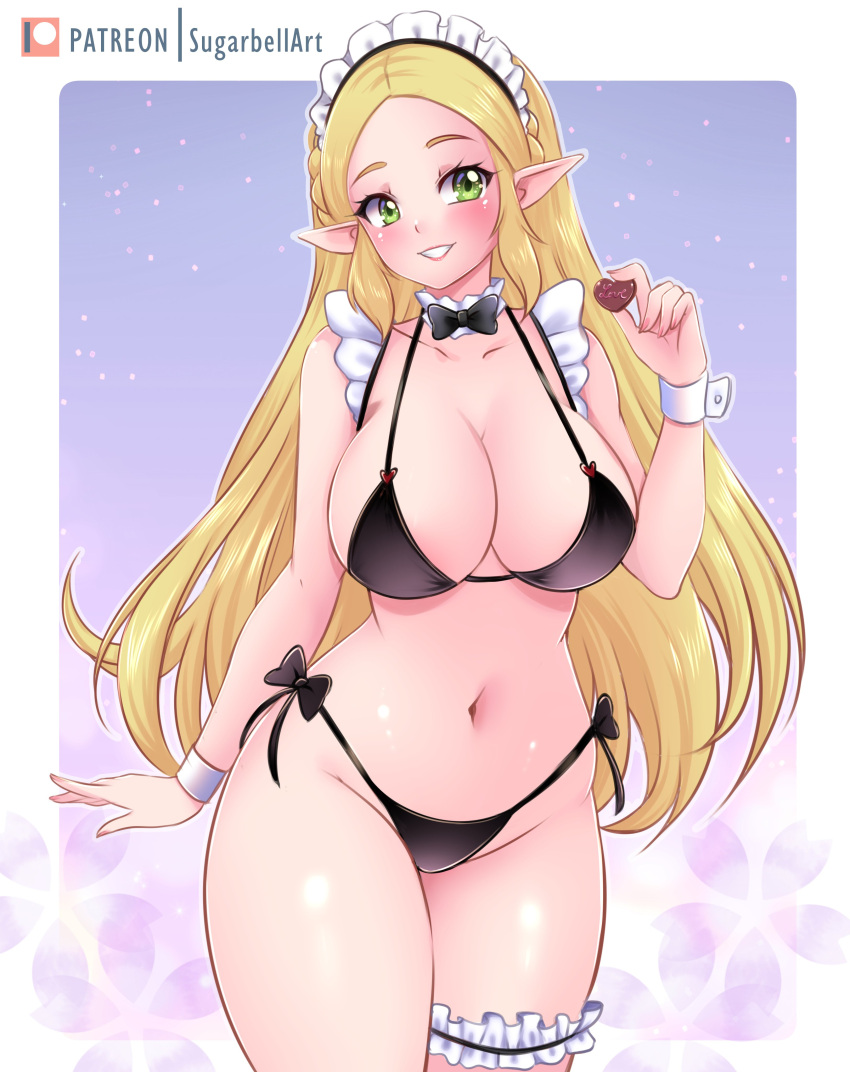 1girl 1girl absurd_res alluring alternate_breast_size_(larger) alternate_costume big_breasts bikini black_bikini black_bow black_bowtie blonde_hair bow bowtie candy chocolate chocolate_heart cleavage collarbone commentary elf english_commentary enmaided food frilled_hairband frilled_thigh_strap frills green_eyes hairband hand_up heart heart-shaped_food high_res holding holding_chocolate holding_food long_hair looking_at_viewer maid maid_bikini maid_headdress navel nintendo patreon_username pointy_ears princess_zelda side-tie_bikini_bottom smile stomach sugarbell swimsuit the_legend_of_zelda thigh_strap unconventional_maid very_long_hair white_hairband white_wrist_cuffs wrist_cuffs