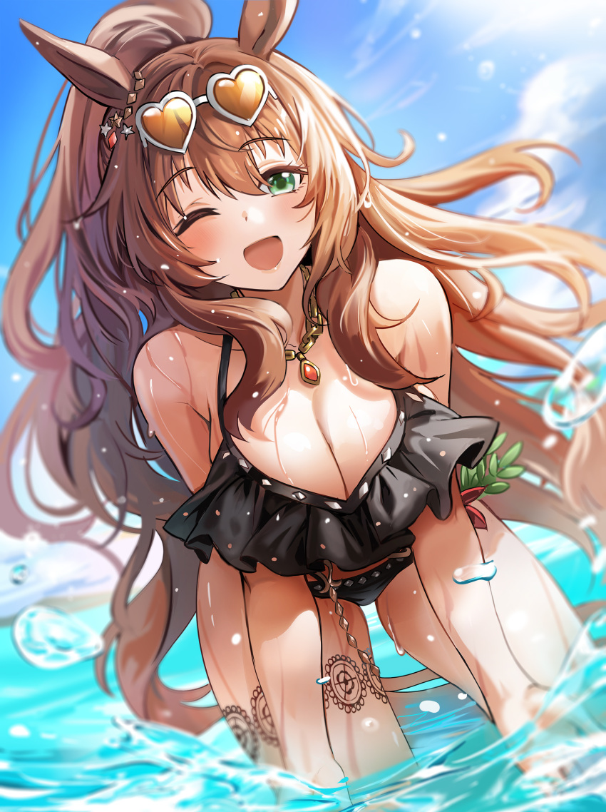 1girl 1girl absurd_res animal_ears bent_over big_breasts bikini black_bikini blush breasts cleavage collarbone duplicate eyewear_on_head frilled_bikini frills green_eyes heart heart-shaped_eyewear high_res horse_ears horse_girl jewelry light_brown_hair long_hair looking_at_viewer maruzensky_(umamusume) necklace official_alternate_costume one_eye_closed partially_submerged pixel-perfect_duplicate swimsuit thighs umamusume wading yuki_(asayuki101)