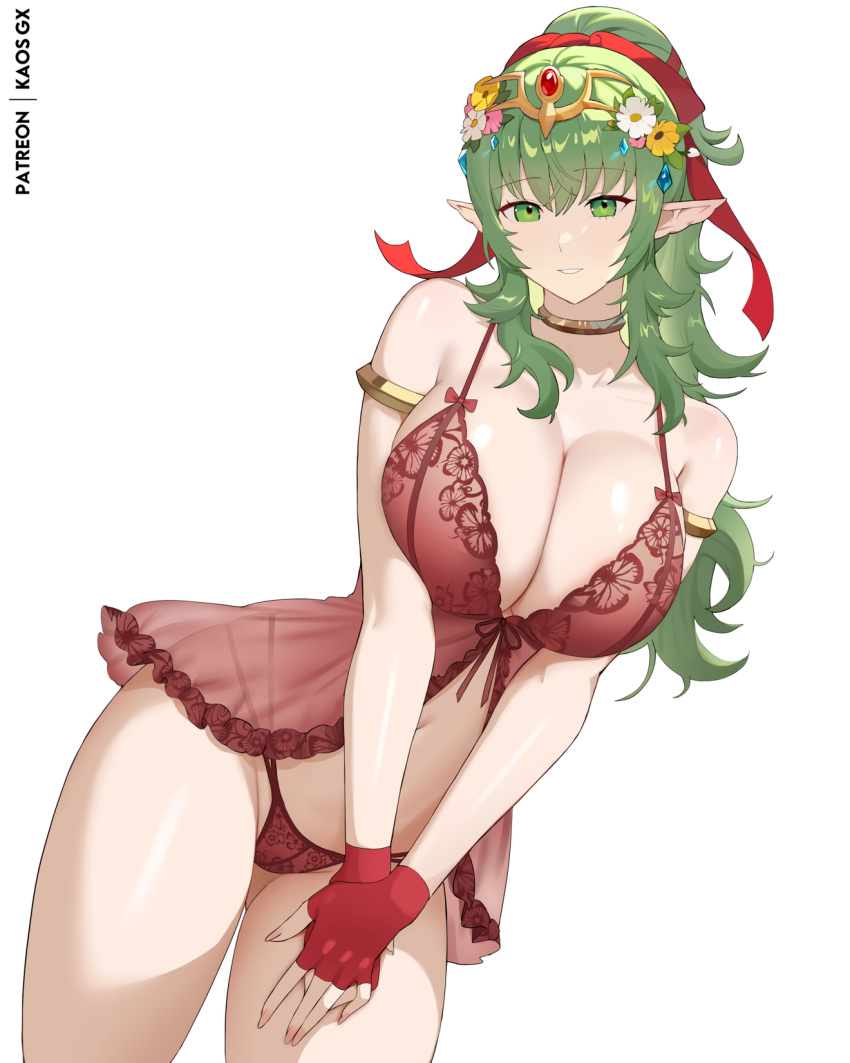 1girl 1girl alluring armlet babydoll bare_arms bare_shoulders big_breasts cleavage collarbone fingerless_gloves fire_emblem fire_emblem_awakening fire_emblem_heroes fire_emblem_warriors flower gloves gold_armlet gold_choker gold_tiara green_eyes green_hair grin hair_flower hair_ornament hair_ribbon hands_on_own_thighs intelligent_systems jewelry kaos_art lingerie long_hair looking_at_viewer nail_polish navel nintendo own_hands_together panties parted_lips pink_nails pointy_ears ponytail red_babydoll red_gloves red_panties red_ribbon ribbon see-through_babydoll see-through_clothes sidelocks simple_background smile stomach thick_thighs thighs tiara tiki_(adult)_(everlasting_voice)_(fire_emblem) tiki_(adult)_(fire_emblem) tiki_(fire_emblem) underwear white_background