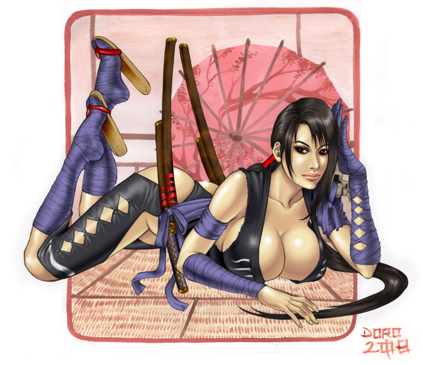 1girl 1girls ass bandages bandai_namco big_breasts black_hair booty breasts cleavage long_hair namco namco_bandai on_stomach ponytail project_soul red_eyes sandals shura_(soul_calibur) shura_(soulcalibur) soul_calibur soul_calibur_iv stregatto10 tied_hair zouri