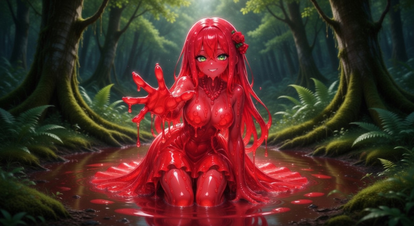 1girl ai_generated big_breasts breasts ember_paradox female_only green_eyes in_water indie_virtual_youtuber long_hair on_knees outside puddle red_hair red_rose rose slime_girl smile solo_female trees virtual_youtuber vtuber woods