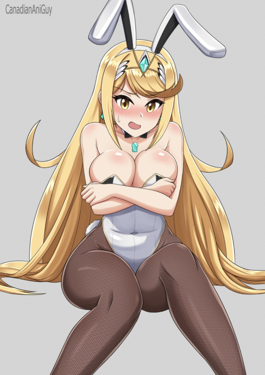 1girl alluring big_breasts blonde_female blonde_hair bunny_girl bunnysuit canadiananiguy core_crystal long_hair mythra_(xenoblade) scared spandex thick_thighs xenoblade_(series) xenoblade_chronicles_2