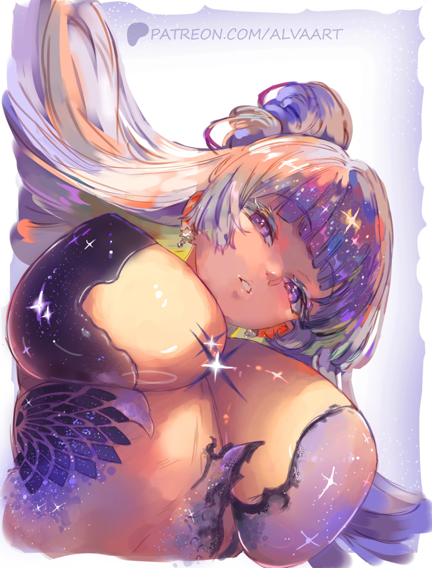 1girl alva_(artofalva) artofalva big_breasts bubble_butt cleavage goddess_of_victory:_nikke horny inviting_to_sex looking_at_viewer nayuta_(nikke) nayuta_(wu_wei)_(nikke) pose purple_eyes standing teasing thick_thighs white_hair