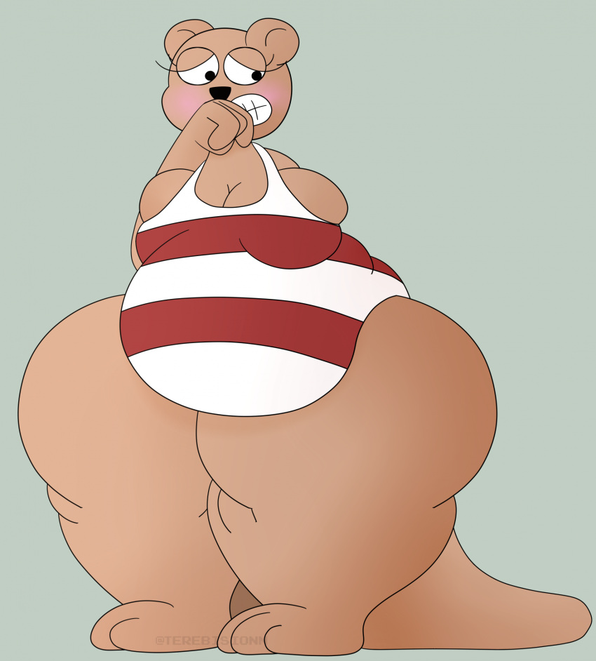 1girl anthro anthro_female anthro_only belly big_belly big_breasts big_stomach big_thighs blush breasts clothes clothing digital_media_(artwork) embarrassed embarrassed_expression embarrassed_female eyelashes fat female female_anthro female_furry female_only female_solo frown frowning furry furry_female furry_only gray_background grey_background gritted_teeth hyper hyper_thighs large_belly large_breasts large_thighs lidded_eyes massive_thighs mustelid no_human no_humans no_visible_genitalia non-human non-human_only olive_otter one-piece_swimsuit one_piece_swimsuit only_female otter overweight overweight_female plain_background png shipwrecked_64 simple_background solo solo_anthro solo_female solo_furry stomach striped_clothes striped_clothing striped_one-piece_swimsuit striped_swimsuit swimsuit swimwear tail tan_body tan_fur terebision thick_thighs thighs