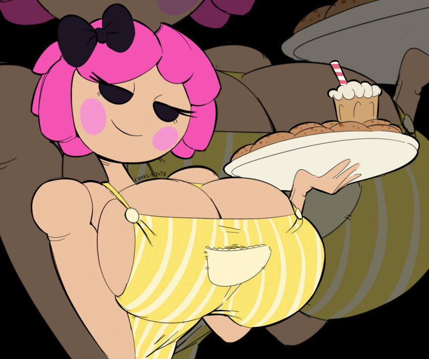 1girl apron artist_name big_breasts bitty_buttons black_background black_eyes blush bow breasts crumbs_sugar_cookie dark_background doll doll_girl female female_only hairbow half-closed_eyes holding_tray huge_breasts lalaloopsy light-skinned_female light_skin living_doll mga_entertainment pink_hair seductive seductive_look seductive_smile short_hair signature smile solo solo_female source_request tasteofchoklit yellow_apron