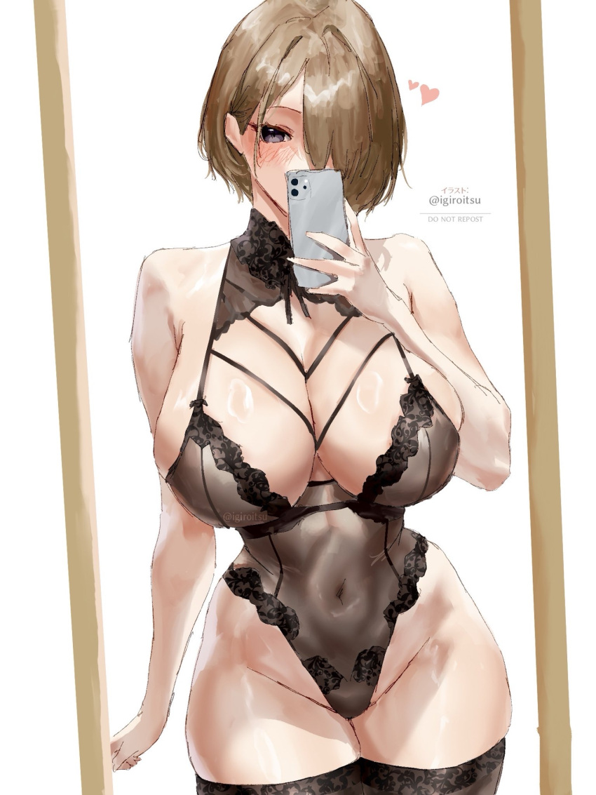 1girl big_breasts black_eyes brown_hair bubble_butt cleavage horny igiroitsu inviting_to_sex pose standing stockings teasing thick_thighs