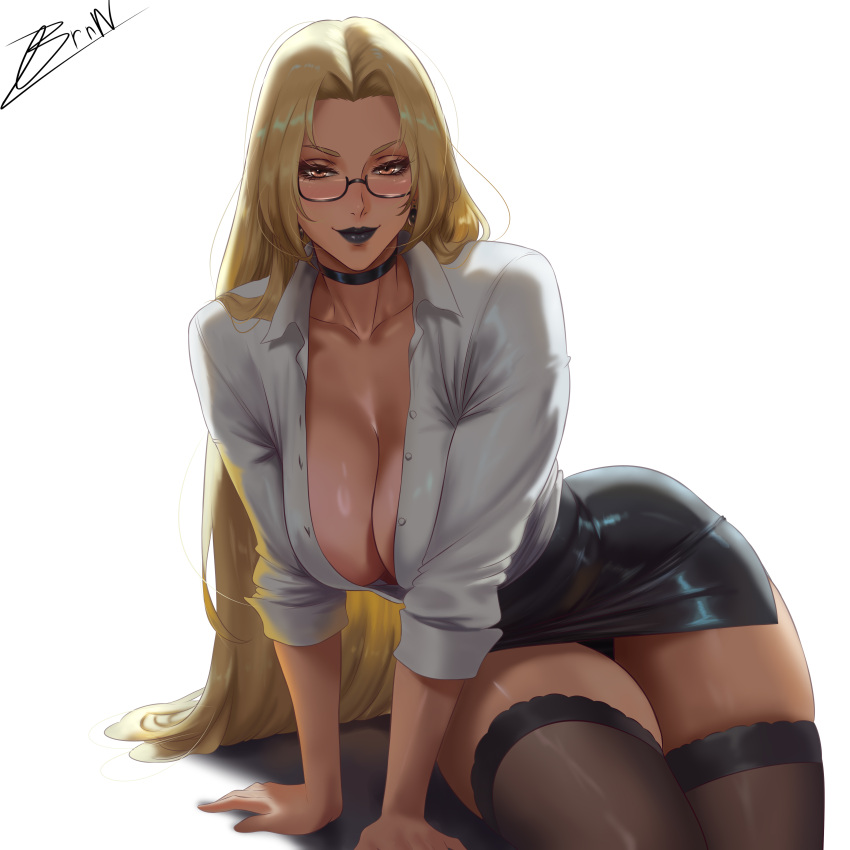 1girl big_breasts blonde_hair brnn brown_eyes bubble_butt cleavage glasses horny inviting_to_sex jujutsu_kaisen looking_at_viewer pose sitting stockings teasing thick_thighs tsukumo_yuki tsukumo_yuki_(jujutsu_kaisen) yuki_tsukumo