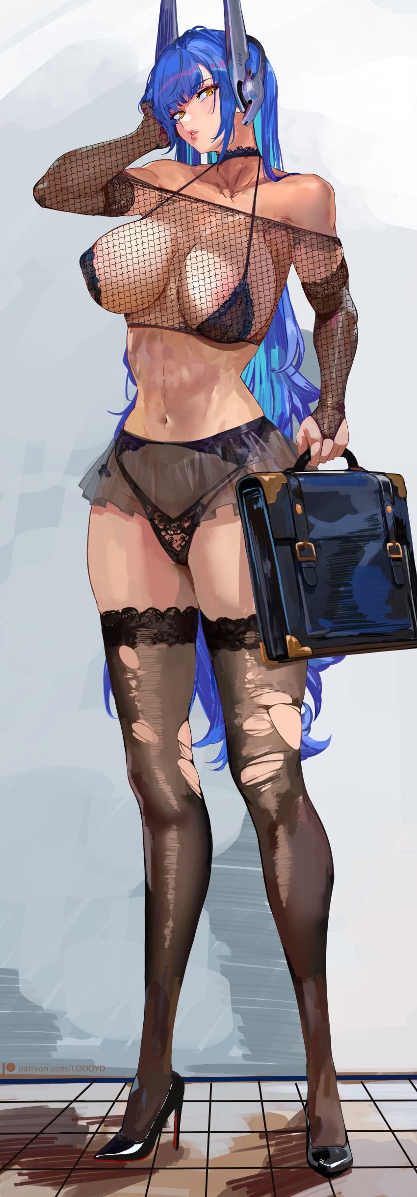 1girl big_breasts blue_hair bubble_butt cleavage fishnet fishnets girls_frontline horny inviting_to_sex looking_at_viewer loooyd pose standing stockings tar-21_(girls_frontline) teasing thick_thighs yellow_eyes