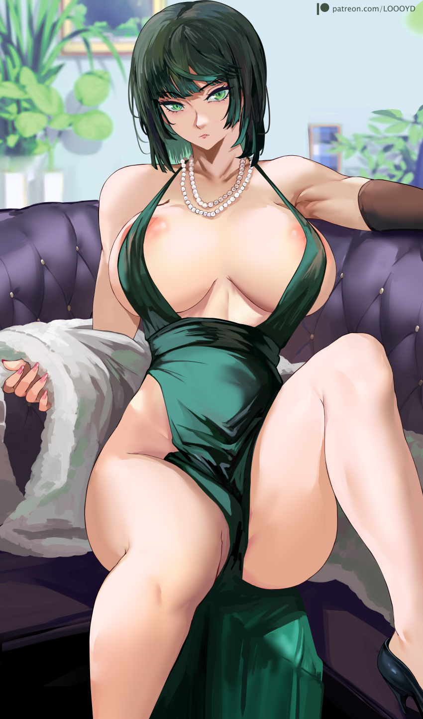 1girl big_breasts bubble_butt cleavage fubuki fubuki_(one-punch_man) green_eyes green_hair horny inviting_to_sex looking_at_viewer loooyd one-punch_man pose sitting teasing thick_thighs