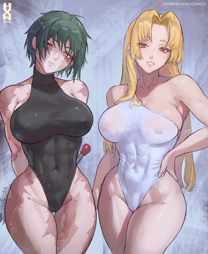 2_girls 2girls big_breasts bikini blonde_hair brown_eyes bubble_butt cleavage green_hair horny howxen inviting_to_sex jujutsu_kaisen looking_at_viewer maki_zenin pose standing swimsuit teasing thick_thighs tsukumo_yuki tsukumo_yuki_(jujutsu_kaisen) yellow_eyes yuki_tsukumo zenin_maki