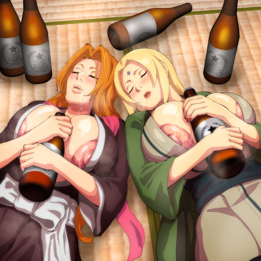 2_girls 2girls big_breasts bleach blonde_hair blue_eyes brown_eyes bubble_butt cleavage horny inviting_to_sex iwao178 laying laying_down matsumoto_rangiku naruto naruto_(series) naruto_shippuden pose rangiku_matsumoto teasing thick_thighs tsunade tsunade_(naruto) tsunade_senju