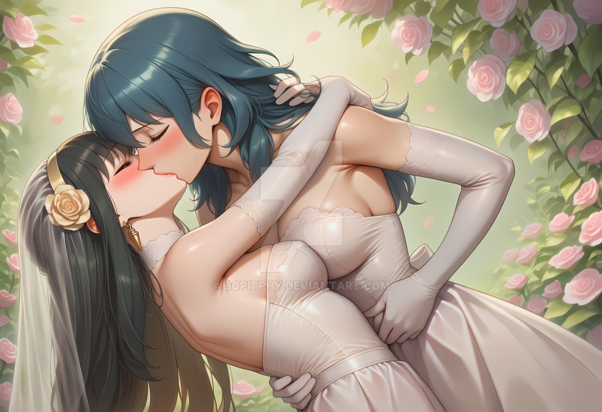 2_girls alternate_costume alternate_hairstyle asymmetrical_docking back bare_back bare_shoulders big_breasts black_hair blue_hair blush bopitphy breast_press breasts byleth_(fire_emblem) byleth_(fire_emblem)_(female) choker cleavage closed_eyes couple crossover dress duo earrings elbow_gloves eyebrows_visible_through_hair female/female female_only fire_emblem fire_emblem:_three_houses flower flower_garden garden gloves gold_earrings gold_jewelry hair_between_eyes hair_down hugging jewelry kissing leaning leaning_back leaning_forward lips long_dress long_hair love medium_breasts multiple_girls mutual_yuri nature neck nintendo outside pink_flower pink_rose plant romantic romantic_couple rose spy_x_family standing straight_hair strapless strapless_dress wedding wedding_dress white_choker white_dress white_gloves wife wife_and_wife yor_briar yuri