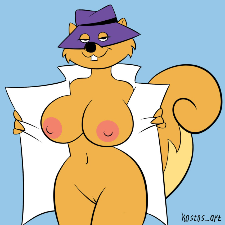 2016 anthro big_breasts breasts brown_fur coat female female_only flashing flashing_breasts fur furry furry_female furry_only genderswap genitals hanna-barbera hat huge_breasts kostos_art looking_at_viewer mammal nipples purple_hat pussy rodent rule_63 secret_squirrel secret_squirrel_show seductive simple_background solo squirrel tail teeth wide_hips