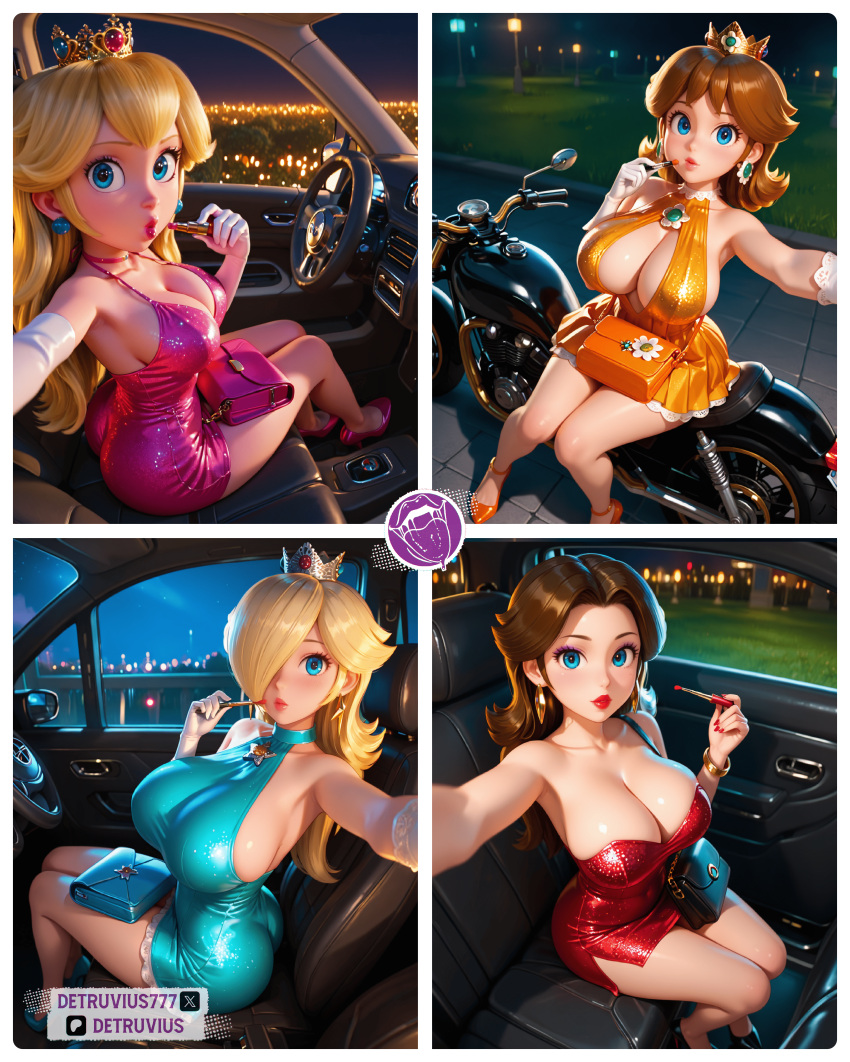 4girls ai-generated ai_generated big_breasts blonde_hair blue_dress blue_eyes brown_hair crown detruvius female_focus heels jewelry lips looking_at_viewer makeup mario_(series) micro_dress motorcycle multiple_girls night night_sky nintendo panels pauline pink_dress princess_daisy princess_peach princess_rosalina red_dress sitting vehicle_interior yellow_dress