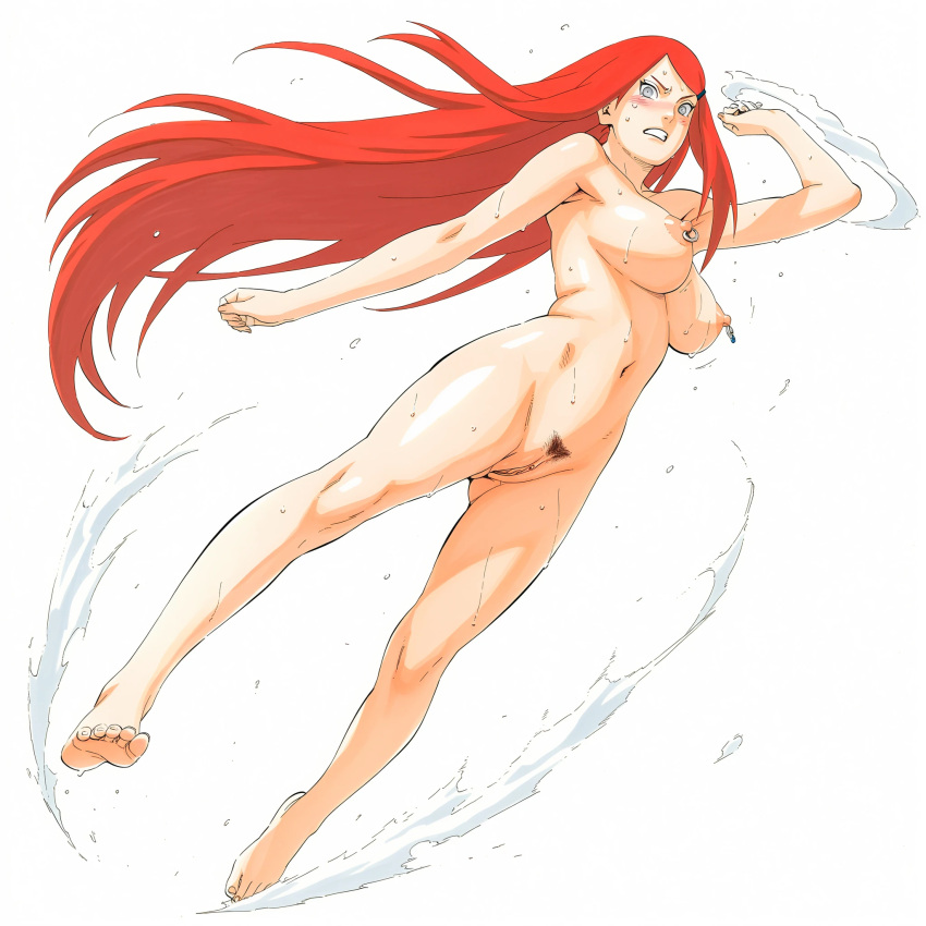 action_pose big_breasts blush dynamic_pose full_body kushina_uzumaki long_hair manga_style naruto naruto_shippuden nipple_piercing red_hair simple_background soles sweat tagme white_background