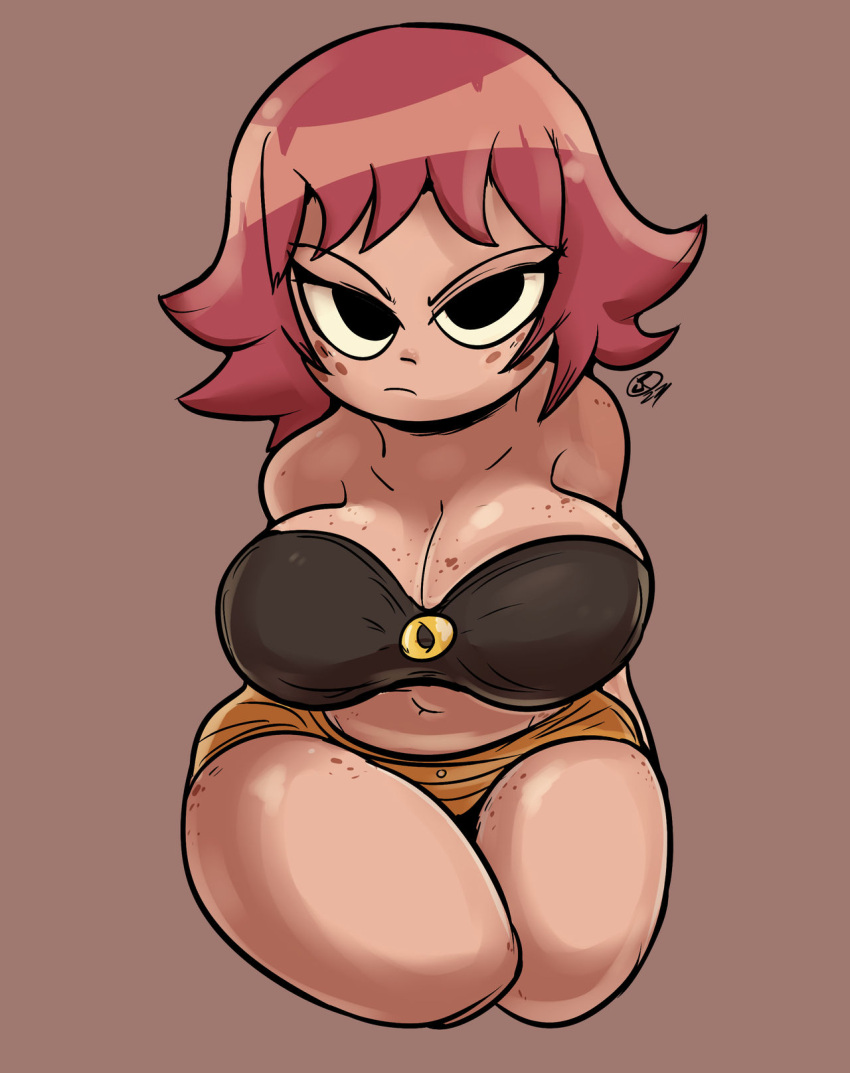 artist_signature big_breasts bra breasts freckles frowning_at_viewer jaqartdood kim_pine looking_at_viewer on_knees scott_pilgrim shorts simple_background