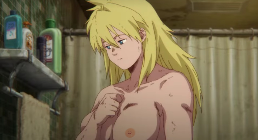 big_breasts blonde_hair blue_eyes dorohedoro edited long_hair muscular_female nekom14 nikaidou_(dorohedoro) nipple screencap topless