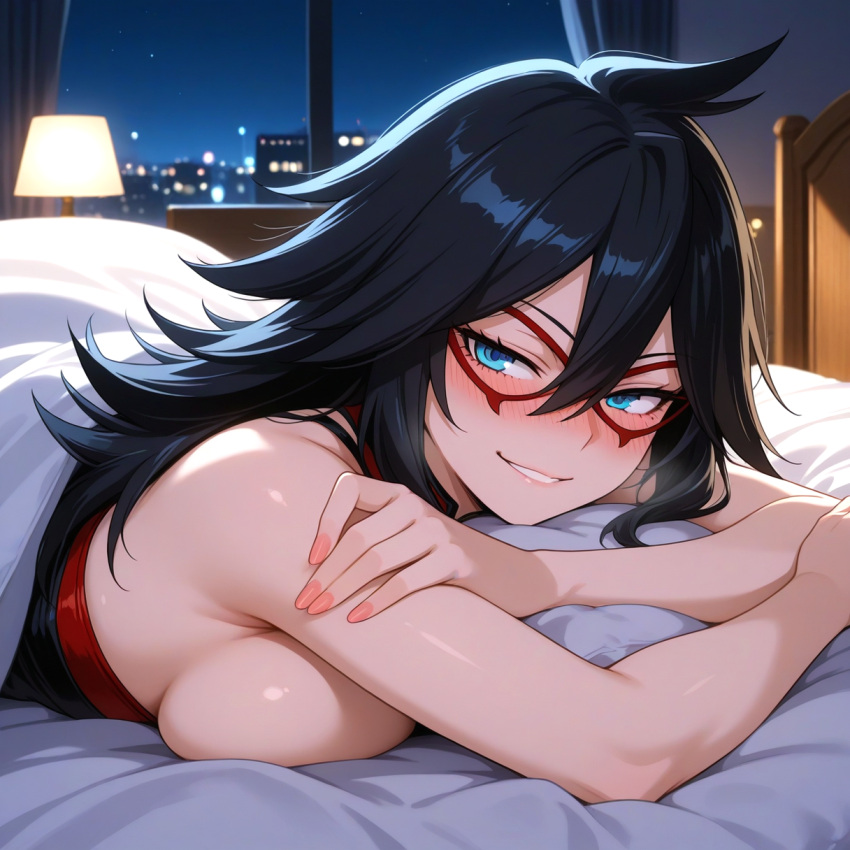 1girl 1girls ai_generated bedroom bedroom_eyes big_breasts black_hair blue_eyes blush boku_no_hero_academia breasts breasts_out city_background domino_mask female_only in_bed long_hair mask midnight_(my_hero_academia) my_hero_academia nemuri_kayama night night_sky nightgown on_stomach seductive_eyes seductive_look seductive_smile smile solo_female under_blanket