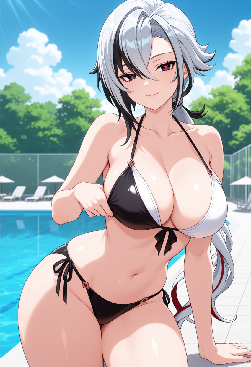 1girl ai_generated arlecchino_(genshin_impact) big_breasts bikini black_bikini_bottom black_bikini_top black_eyes black_hair breasts cleavage female_only genshin_impact long_hair low_ponytail multicolored_bikini multicolored_hair outdoor_pool outside pool poolside red_hair red_pupils seductive_eyes seductive_look seductive_smile smile solo_female vegaforge white_bikini_top white_hair x-shaped_pupils