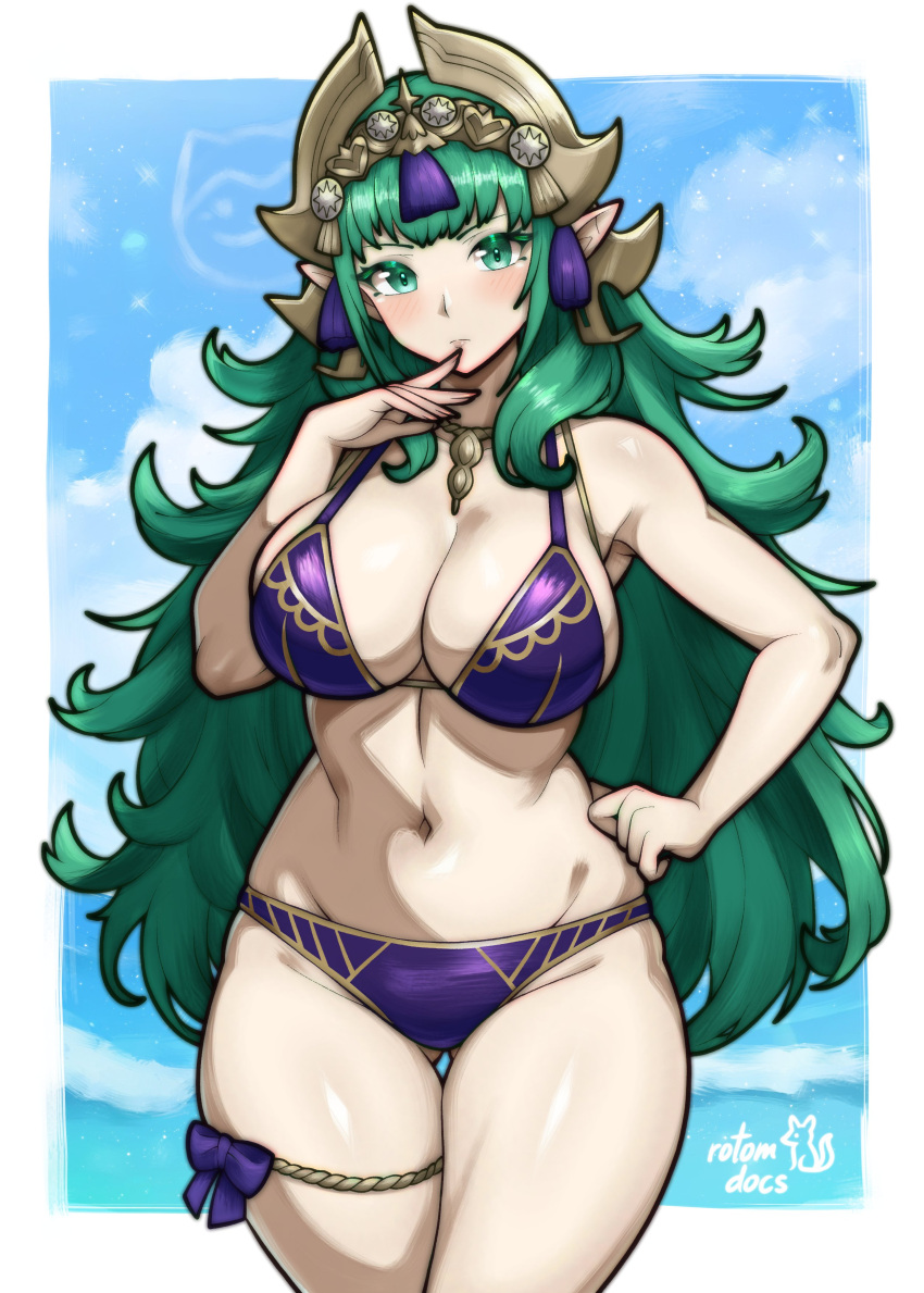 1girl 1girl absurd_res alluring alternate_costume artist_name bare_arms bare_shoulders big_breasts bikini blue_sky bow cloud collarbone commentary commission cowboy_shot curvy english_commentary finger_to_mouth fire_emblem fire_emblem:_fortune's_weave gluteal_fold green_eyes green_hair hand_on_own_hip hand_up high_res intelligent_systems ko-fi_commission light_blush long_hair looking_at_viewer navel nintendo ocean outside purple_bikini purple_bow rotomdocs sideboob signature skindentation sky sothis_(adult)_(fire_emblem) sothis_(fire_emblem) standing stomach swimsuit thick_thighs thigh_bow thigh_strap thighs very_long_hair