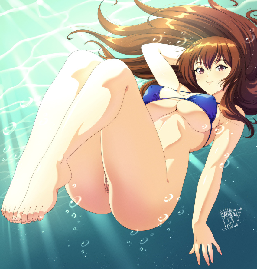 1girl 2025 alluring arm_behind_head artist_name bare_legs big_breasts bikini brown_eyes brown_hair danmakuman dated day dead_or_alive dead_or_alive_2 dead_or_alive_3 dead_or_alive_4 dead_or_alive_5 dead_or_alive_6 dead_or_alive_xtreme_venus_vacation dot_nose english_commentary full_body high_res kasumi kasumi_(doa) knees_up kunoichi legs_together long_hair looking_at_viewer naked_from_the_waist_down parted_lips sidelocks signature silf submerged sunlight tecmo uncensored variant_set water