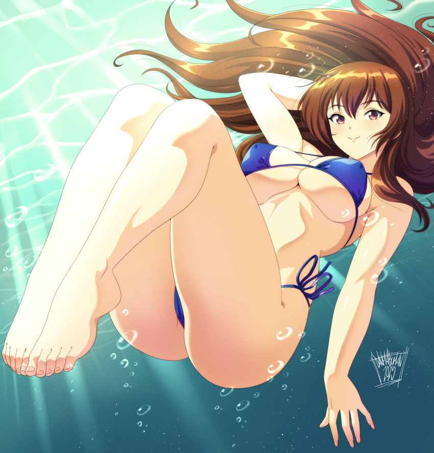 1girl 2025 alluring arm_behind_head artist_name big_breasts bikini brown_eyes brown_hair danmakuman dated day dead_or_alive dead_or_alive_2 dead_or_alive_3 dead_or_alive_4 dead_or_alive_5 dead_or_alive_6 dead_or_alive_xtreme_venus_vacation dot_nose english_commentary full_body high_res kasumi kasumi_(doa) knees_up kunoichi legs_together long_hair looking_at_viewer parted_lips sidelocks signature silf submerged sunlight tecmo uncensored variant_set water