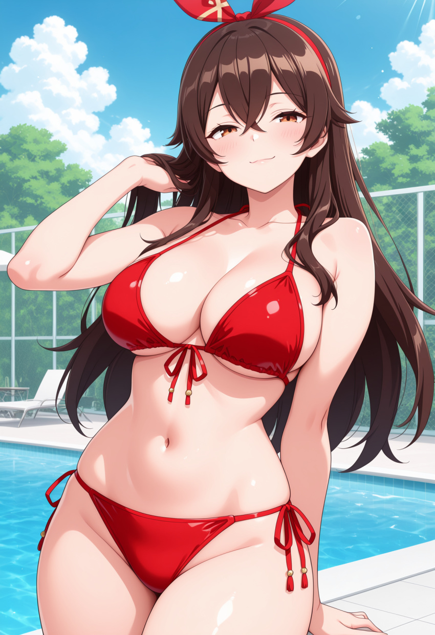 1girl ai_generated amber_(genshin_impact) big_breasts bikini blush breasts brown_eyes brown_hair cleavage female_only genshin_impact headband long_hair outdoor_pool outside pool poolside red_bikini red_headband red_ribbon ribbon smile solo_female vegaforge