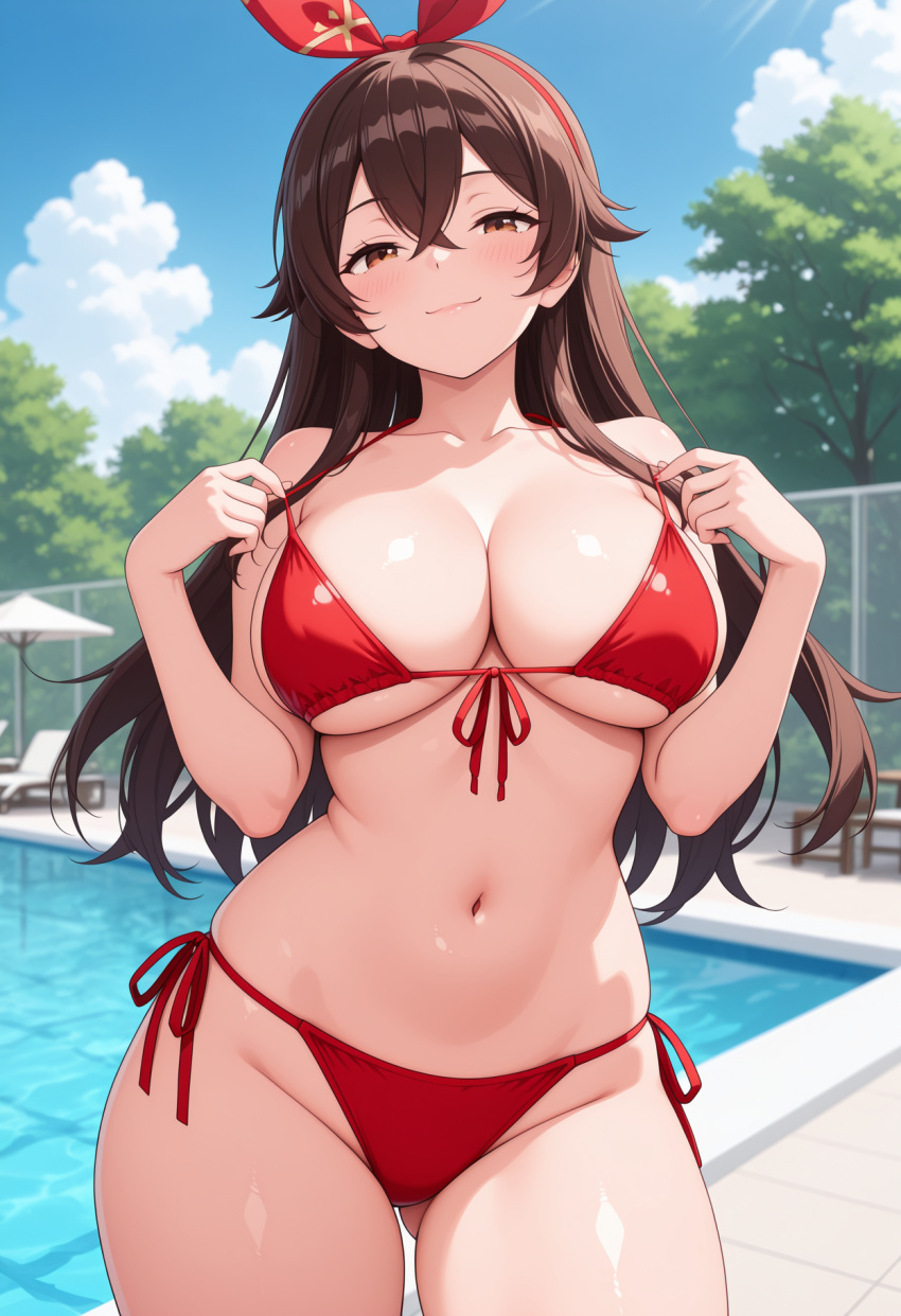 1girl ai_generated amber_(genshin_impact) big_breasts bikini blush breasts brown_eyes brown_hair cleavage female_only genshin_impact headband long_hair outdoor_pool outside pool poolside red_bikini red_headband red_ribbon ribbon smile solo_female vegaforge