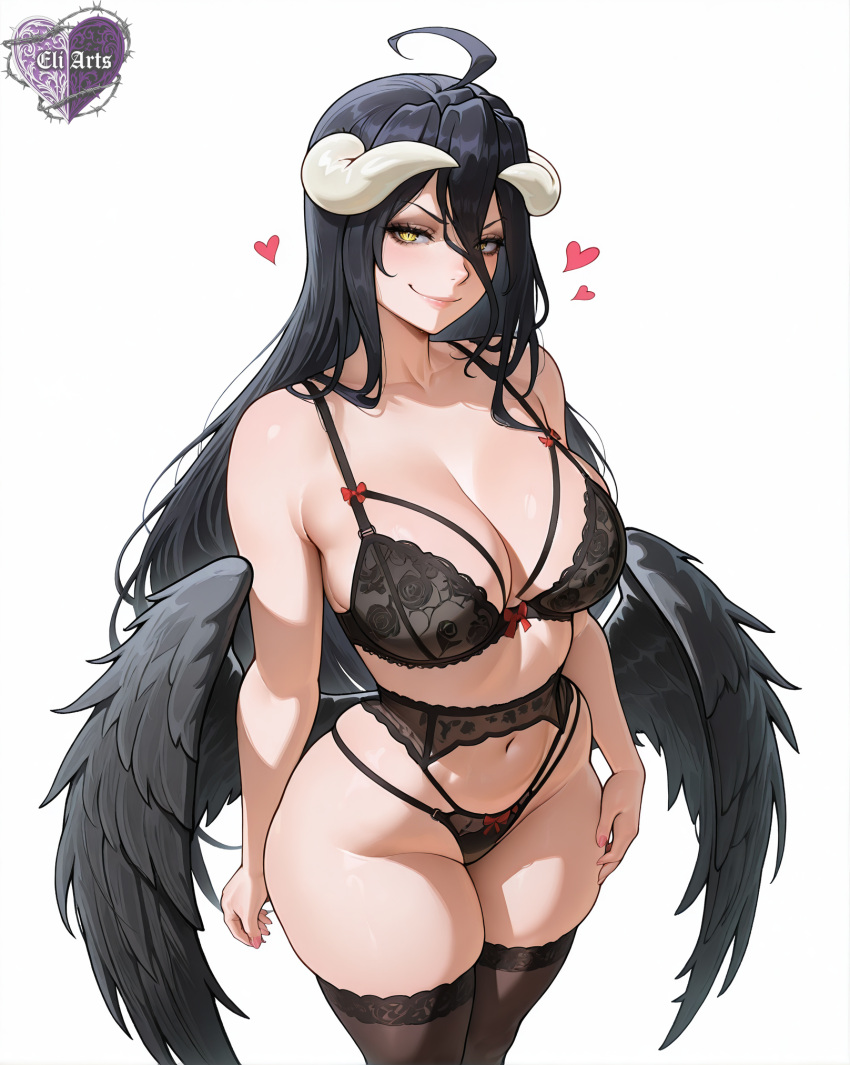 1girl ai_generated albedo_(overlord) big_breasts black_bra black_garter_belt black_hair black_panties black_stockings black_wings bra breasts cleavage detached_collar eli_arts female_only garter_belt hand_on_own_thigh hand_on_thigh hearts horns long_hair overlord panties solo_female stockings succubus wings yellow_eyes