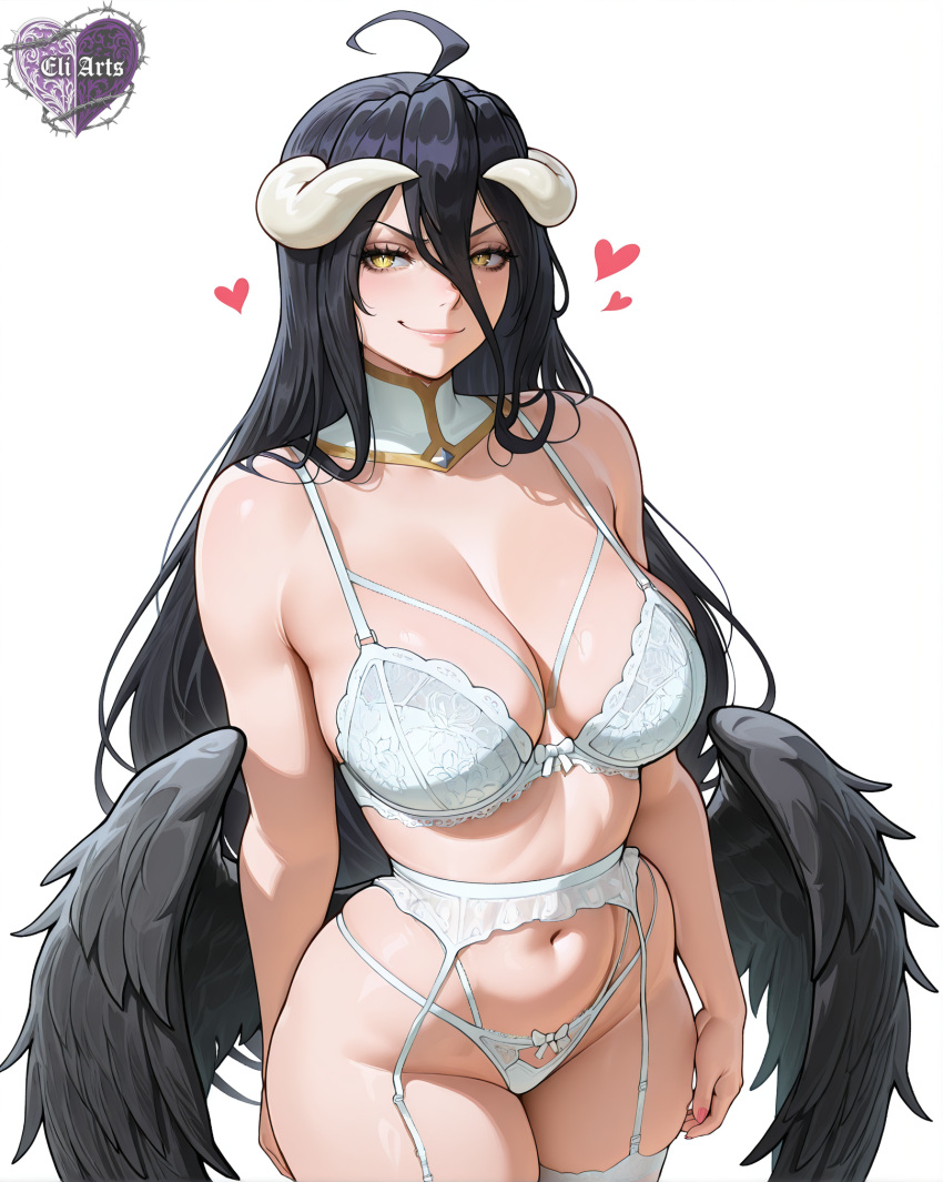 1girl ai_generated albedo_(overlord) big_breasts black_hair black_wings bra breasts cleavage detached_collar eli_arts female_only garter_belt hearts horns long_hair overlord panties solo_female stockings succubus white_bra white_garter_belt white_panties white_stockings wings yellow_eyes