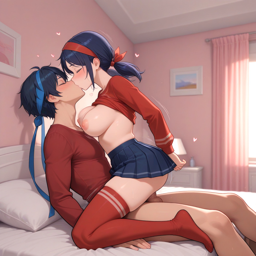 1boy 1girl ai_generated bedroom big_breasts blue_hair blue_skirt blush breasts breasts_out closed_eyes clothed clothed_sex crazy_mita_(miside) headband heart in_bed kissing long_sleeve_shirt low_twintails miside mita_(miside) nipples penis_in_pussy red_headband red_shirt red_stockings sex shirt shirt_lift skirt stockings upright_straddle vaginal_penetration