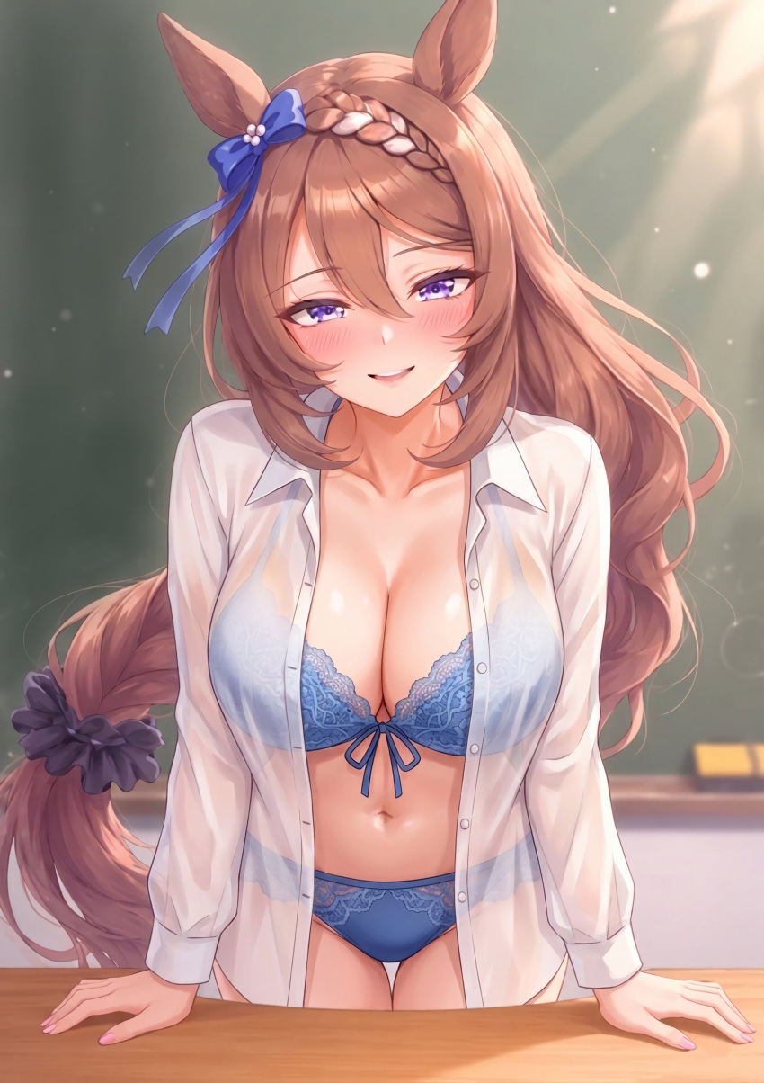 1girl 1girl absurd_res alternate_costume animal_ears big_breasts blue_bra blue_panties bow bra braid breasts brown_hair cleavage collarbone commentary_request ear_bow front-tie_top hair_between_eyes high_res horse_ears horse_girl lace lace-trimmed_bra lace_trim long_hair looking_at_viewer multicolored_hair navel panties pocotas purple_eyes see-through_clothes smile super_creek_(umamusume) umamusume underwear very_long_hair white_hair