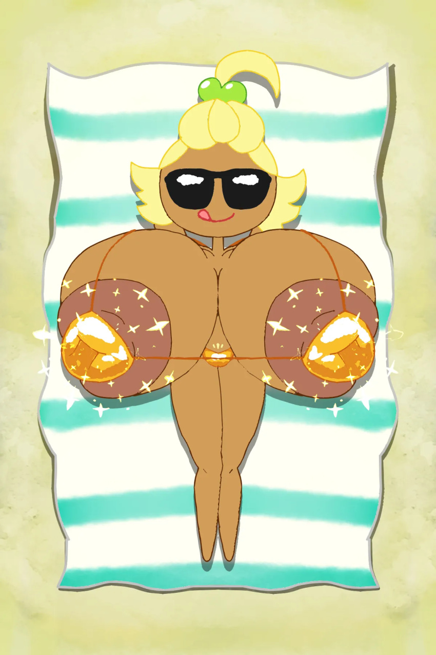1girl 1girl 1girl apple_cookie beach_towel big_breasts blonde_hair cookie_run female_only golden_bikini golden_week green_eyes hyper_breasts hyper_nipples jeffery7531 lying lying_on_back solo_female sunglasses