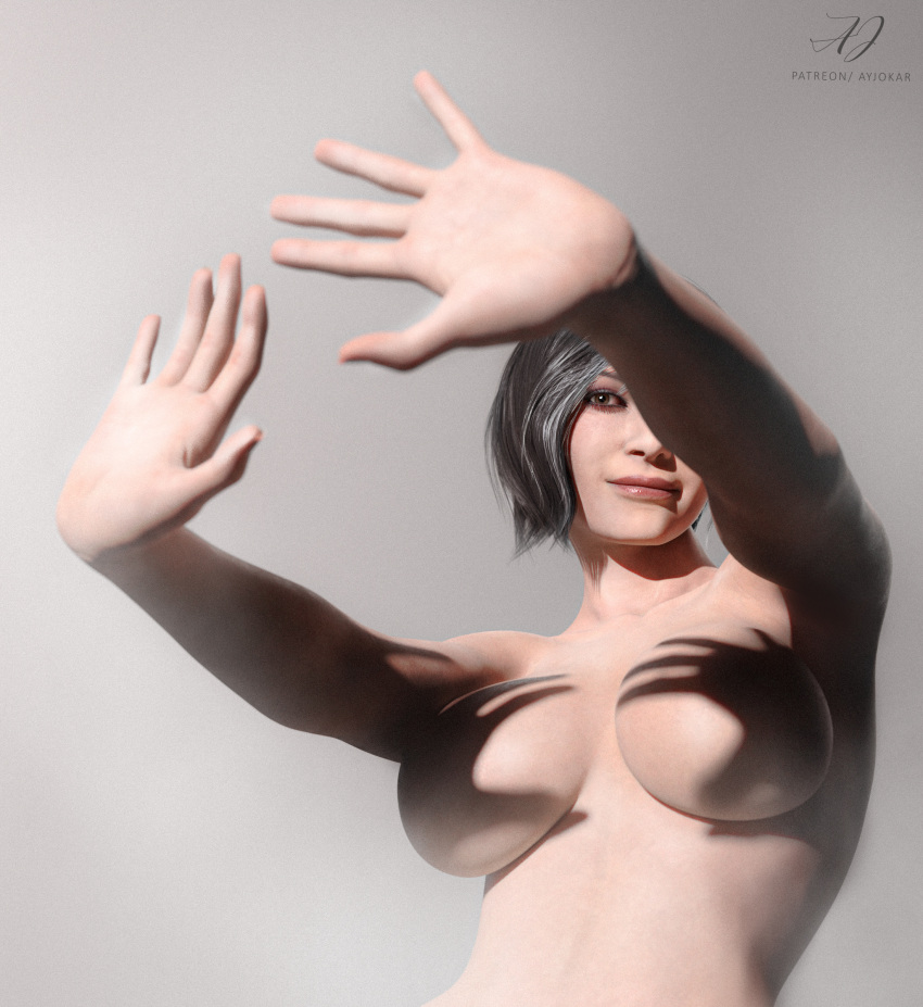 1girl 1girl 3d 5_fingers ada_wong ada_wong_(adriana) aged_up asian asian_female big_breasts big_lips big_mouth biohazard black_hair bob_cut breasts capcom content_smile convenient_censoring covered_nipples cropped_torso featureless_breasts full_lips grey_background grey_hair grey_highlights hand_focus hands hands_casting_shadow jokar light-skinned_female light_skin lips mature mature_woman medium_breasts meme no_nipples older older_female patreon_username reference resident_evil resident_evil_2 resident_evil_2_remake resident_evil_4 resident_evil_4_remake shadow shadow_hands_challenge short-haired_female short_hair smile topless upper_body upper_body_only