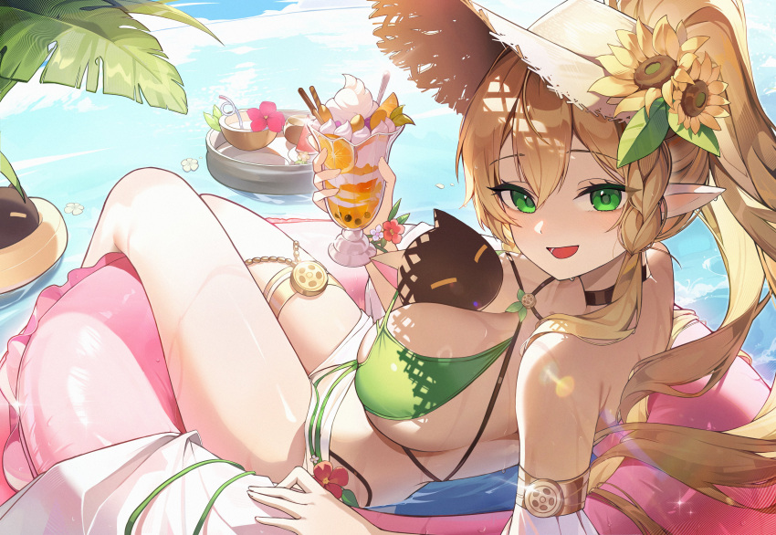 1girl 1girl absurd_res alluring arm_belt bare_shoulders big_breasts bikini black_choker blonde_hair choker commentary_request cup drinking_glass elf flower food green_bikini green_eyes hat hat_flower high_res holding holding_cup leafa long_hair looking_at_viewer mahjong_soul official_alternate_costume open_mouth parfait pekoku_(tamago_sushi) pointy_ears ponytail smile straw_hat string_bikini sunflower swimsuit sword_art_online thighs wet