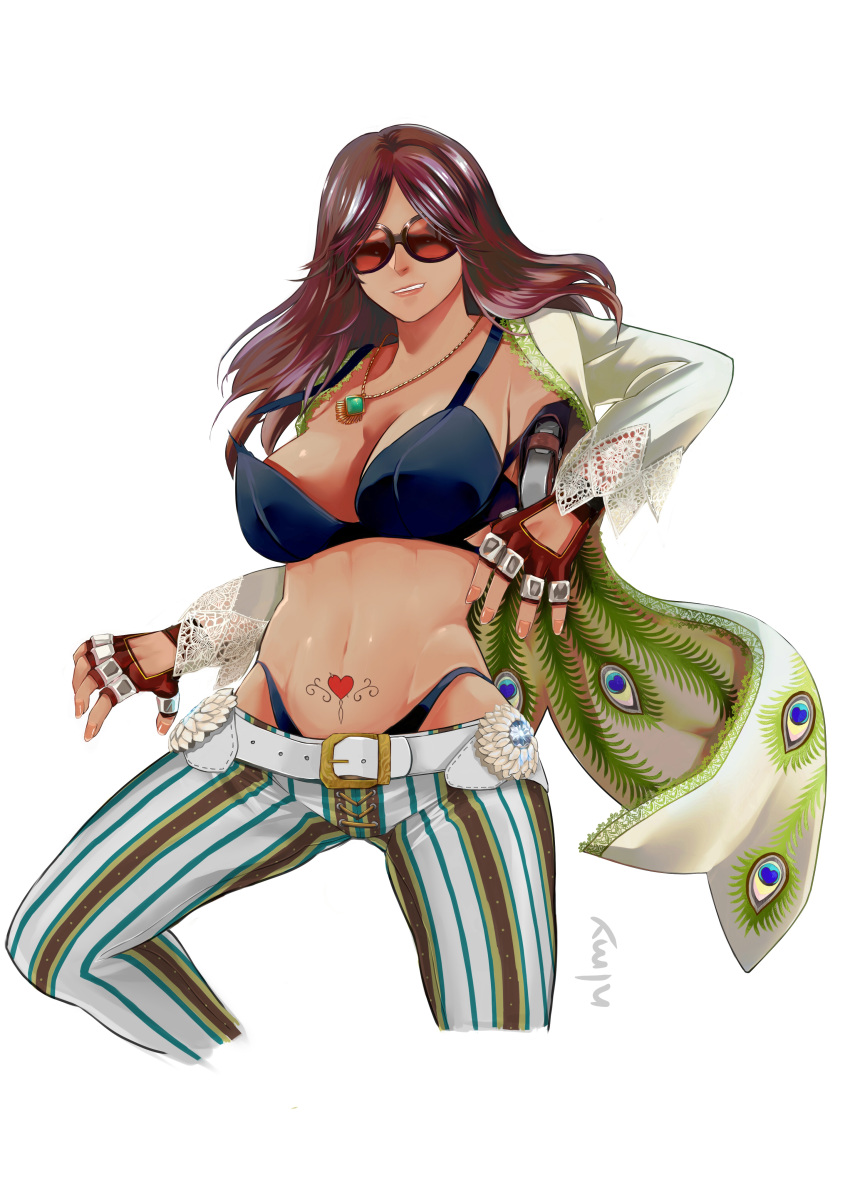 1girl 1girl absurd_res bandai_namco bare_shoulders belt big_breasts black_bra black_panties bra brazilian brazilian_female breasts brown_gloves brown_hair chain chain_necklace cleavage cropped_legs fighting_game fingerless_gloves gloves heart heart_tattoo high_res highleg jacket jewelry katarina_alves long_hair makeup namco namco_bandai navel necklace null_(nlmy) open_clothes panties pixiv signature simple_background standing stomach stomach_tattoo sunglasses swimsuit tattoo tekken underwear video_game_character video_game_franchise video_games white_background white_belt