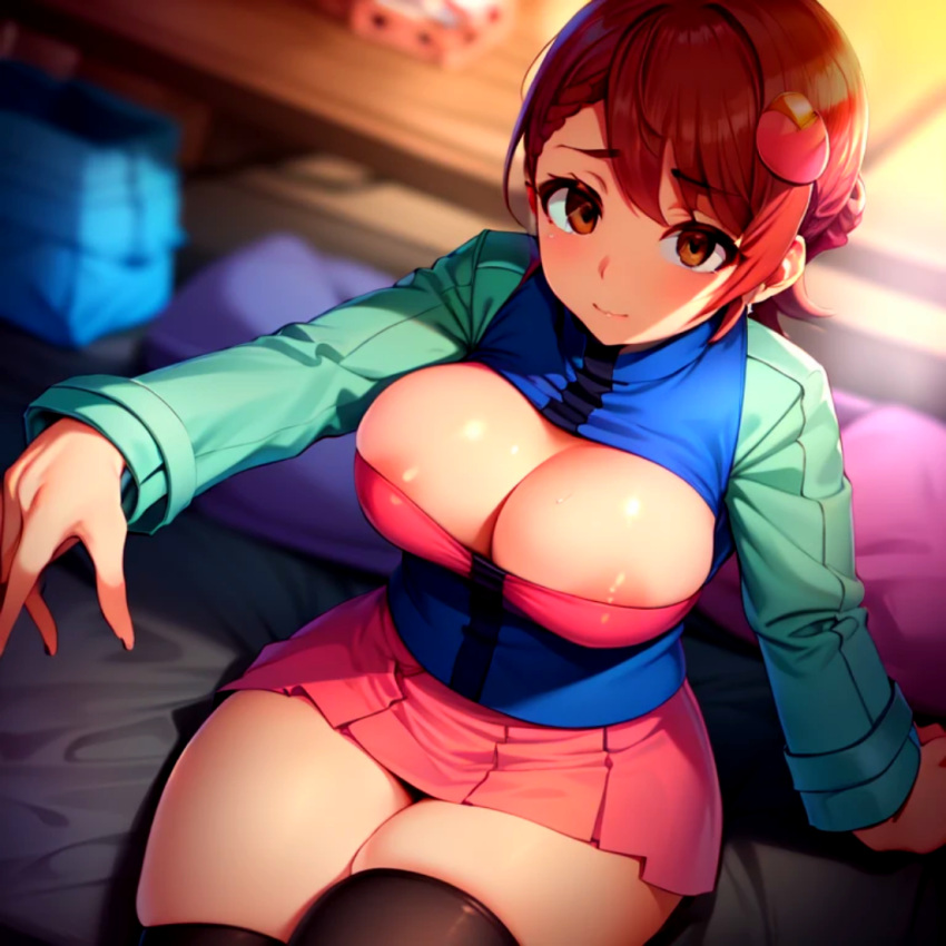 1girl 1girl ai_generated areola bed bedroom big_breasts big_thighs breasts capcom cleavage huge_breasts looking_at_viewer mayl_sakurai mega_man mega_man_battle_network miniskirt nipples plump_thighs rockman_exe sakurai_meiru sitting skirt stockings stockings thick_thighs thighs visible_areolae wide_hips