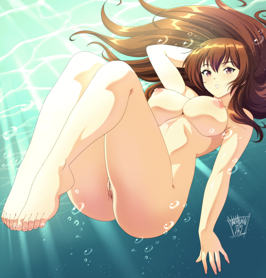 1girl 2025 alluring arm_behind_head artist_name bare_legs big_breasts brown_eyes brown_hair completely_nude_female danmakuman dated day dead_or_alive dead_or_alive_2 dead_or_alive_3 dead_or_alive_4 dead_or_alive_5 dead_or_alive_6 dead_or_alive_xtreme_venus_vacation dot_nose english_commentary full_body high_res kasumi kasumi_(doa) knees_up kunoichi legs_together long_hair looking_at_viewer nude parted_lips sidelocks signature silf submerged sunlight tecmo uncensored variant_set water