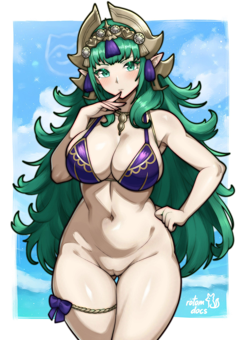 1girl absurd_res alluring alternate_costume artist_name bare_arms bare_shoulders big_breasts bikini blue_sky bow cloud collarbone commentary commission cowboy_shot curvy english_commentary finger_to_mouth fire_emblem fire_emblem:_fortune's_weave gluteal_fold green_eyes green_hair hand_on_own_hip hand_up high_res intelligent_systems ko-fi_commission light_blush long_hair looking_at_viewer naked_from_the_waist_down navel nintendo ocean outside purple_bikini purple_bow rotomdocs sideboob signature skindentation sky sothis_(adult)_(fire_emblem) sothis_(fire_emblem) standing stomach swimsuit thick_thighs thigh_bow thigh_strap thighs very_long_hair