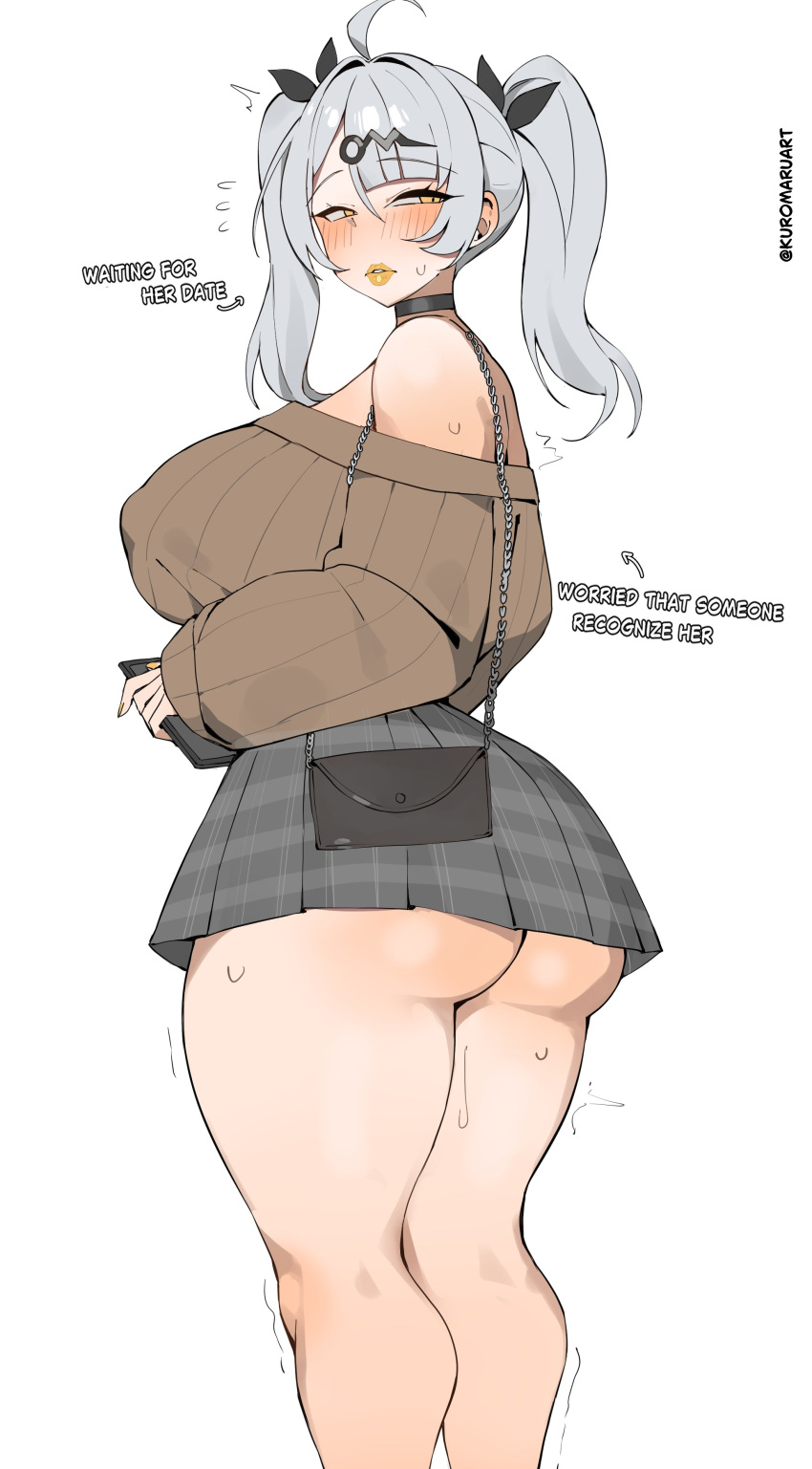 1girl absurd_res ass ass_visible_through_clothes ass_visible_under_skirt big_ass big_ass big_breasts big_breasts blush breasts english_text female_focus female_only high_res huge_thighs kuromaruart large_ass light-skinned_female light_skin lipstick looking_at_viewer looking_back skirt text thick_thighs thighs too_big_for_clothing twin_tails white_background wide_hips yixuan_(zenless_zone_zero) zenless_zone_zero