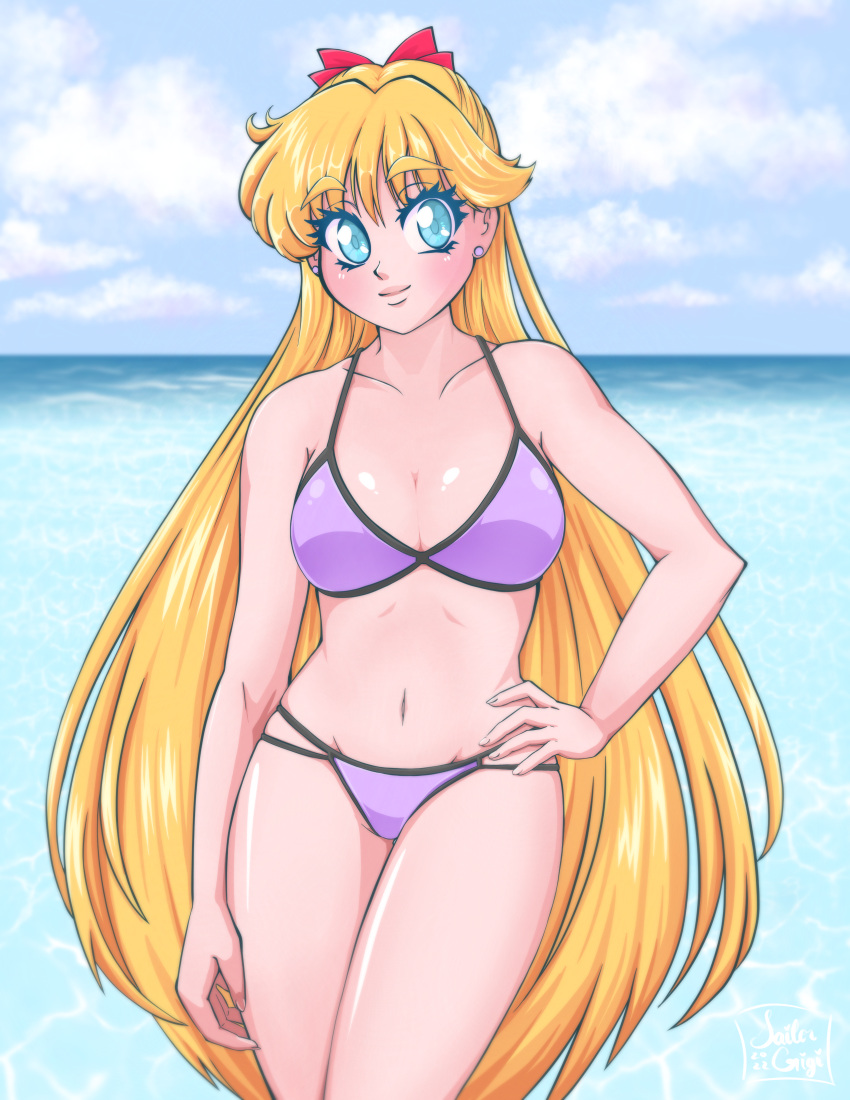 1girl adult_swim alluring big_breasts bikini bishoujo_senshi_sailor_moon bishoujo_senshi_sailor_moon_r bishoujo_senshi_sailor_moon_r_the_movie bishoujo_senshi_sailor_moon_s bishoujo_senshi_sailor_moon_s_the_movie bishoujo_senshi_sailor_moon_supers bishoujo_senshi_sailor_moon_supers_the_movie blonde_hair blue_eyes blush bow cloud cloudy_sky earrings hand_on_own_hip jewelry long_hair minako_aino ocean red_bow sailor_gigi sky swimsuit toei_animation toonami very_long_hair viz_media water