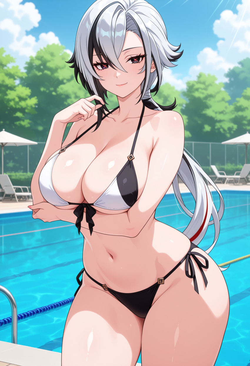 1girl ai_generated arlecchino_(genshin_impact) arm_under_breasts big_breasts bikini black_bikini_bottom black_bikini_top black_eyes black_hair breasts cleavage female_only genshin_impact long_hair low_ponytail multicolored_bikini multicolored_hair outdoor_pool outside pool poolside red_hair red_pupils seductive_eyes seductive_look seductive_smile smile solo_female vegaforge white_bikini_top white_hair x-shaped_pupils