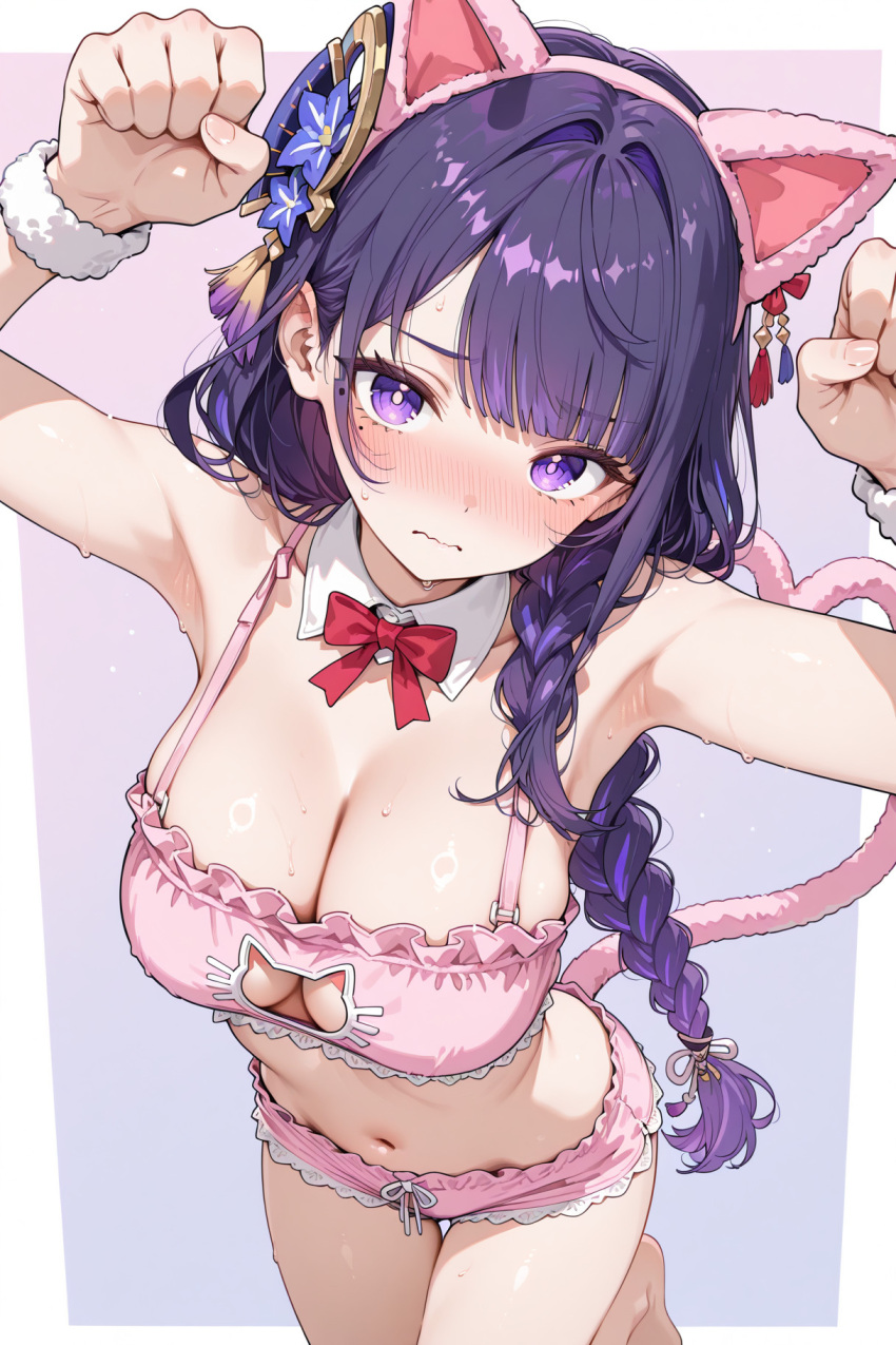 1girl ai_generated big_breasts blush bow bra braided_hair braided_ponytail breasts cat_ear_hairband cat_ears cat_pose cat_tail cleavage detached_collar female_only genshin_impact hair_accessory hair_ornament head_accessory head_ornament long_hair neck_bow nervous pajama_shorts pink_bra pink_shorts purple_eyes purple_hair raiden_shogun red_bow short_shorts shorts solo_female twilights_works white_wristband wristbands
