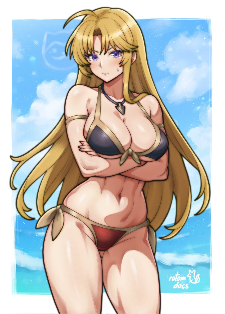 1girl alluring armlet arms_under_breasts artist_name bare_shoulders big_breasts bikini black_bikini blonde_hair blue_sky blush clarisse_(fire_emblem) cleavage cloud commentary commission cowboy_shot crossed_arms curtained_hair embarrassed english_commentary facing_viewer fire_emblem fire_emblem:_new_mystery_of_the_emblem front-tie_bikini_top front-tie_top frown gluteal_fold gold_armlet high_res intelligent_systems jewelry ko-fi_commission long_hair looking_to_the_side navel nintendo ocean purple_eyes red_bikini rotomdocs side-tie_bikini_bottom sideboob sideways_glance signature sky standing stomach sweatdrop swimsuit toned toned_female under_boob
