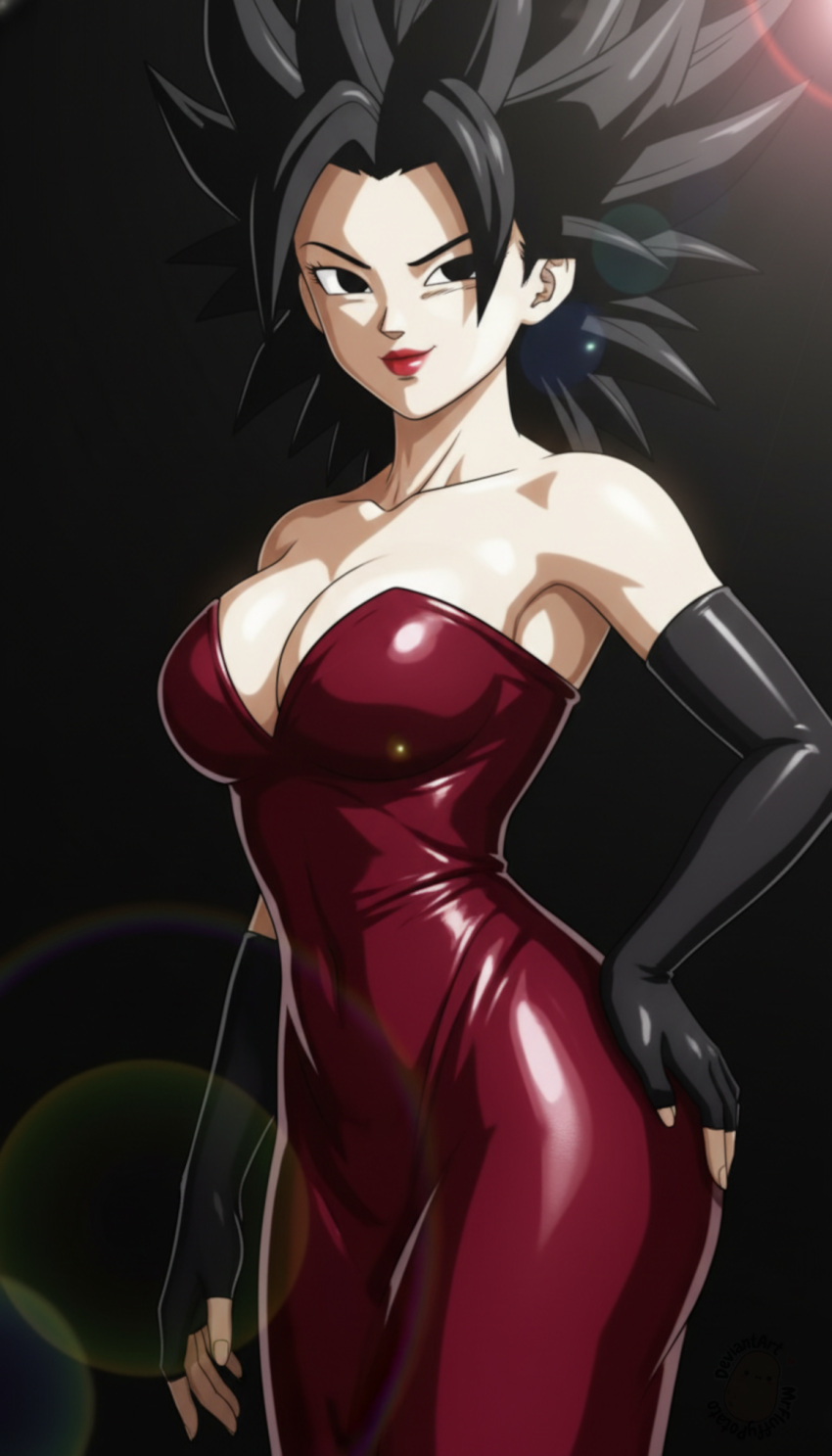 1girl alternate_costume arm_at_side bangs bare_shoulders big_breasts black_background black_eyes black_gloves black_hair breasts caulifla cleavage closed_mouth collarbone dragon_ball dragon_ball_super dress elbow_gloves female_only female_solo gloves hair_up hand_on_hip lens_flare lips lipstick long_dress long_hair looking_at_viewer makeup mrfluffypotato naughty_face neck parted_bangs red_dress red_lipstick saiyan saiyan_girl simple_background smile spiky_hair standing strapless strapless_dress toei_animation