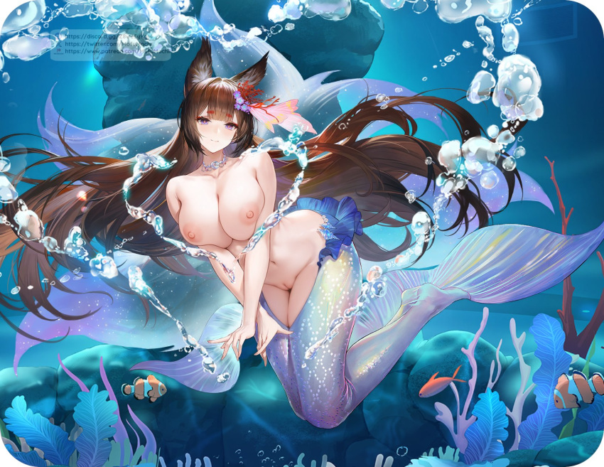 1girl amagi_(azur_lane) azur_lane big_breasts breasts brown_hair bubbles choker edit female female_only fox_ears fox_girl fox_tails hair_accessory hair_ornament heart_bubbles hearts long_hair mermaid mermaid_tail mofumochii naked_female nipples nude nude_female purple_eyes pussy ship_girl smile solo solo_female third-party_edit underwater