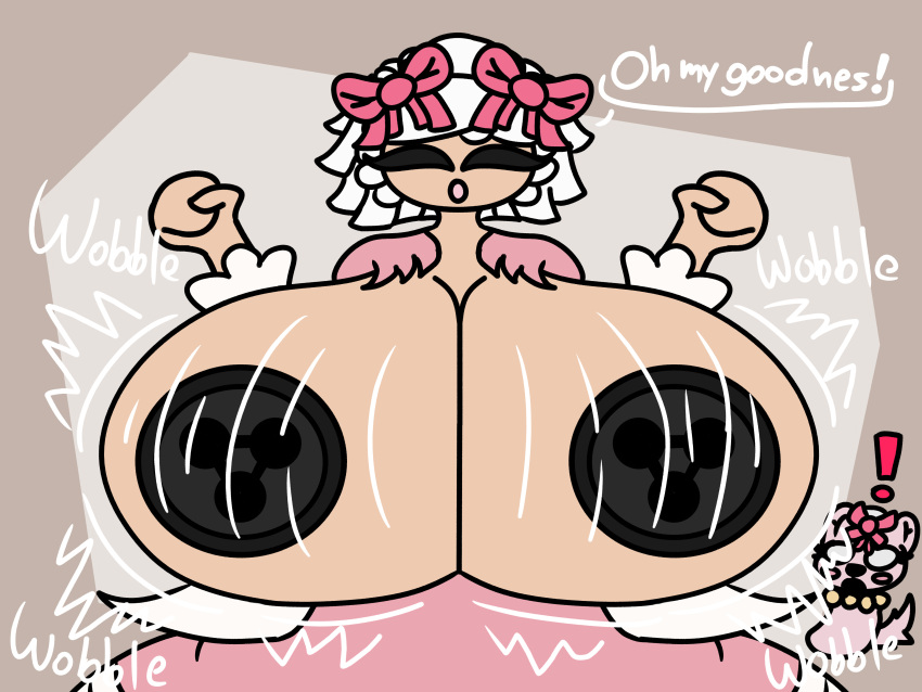 ! 1girl animal baws_(artist) big_breasts bow breast_jiggle breasts breasts_bigger_than_head breasts_out button_nipples closed_eye clothed clothed_female clothing commission doll enormous_breasts felid feline female female_only gigantic_breasts hair_bow hair_ornament hairbow huge_breasts huge_nipples jiggle lalaloopsy light-skinned_female light_skin mga_entertainment nipples open_mouth pet ragdoll ribbon shocked_expression solo speech suzette_la_sweet text white_hair