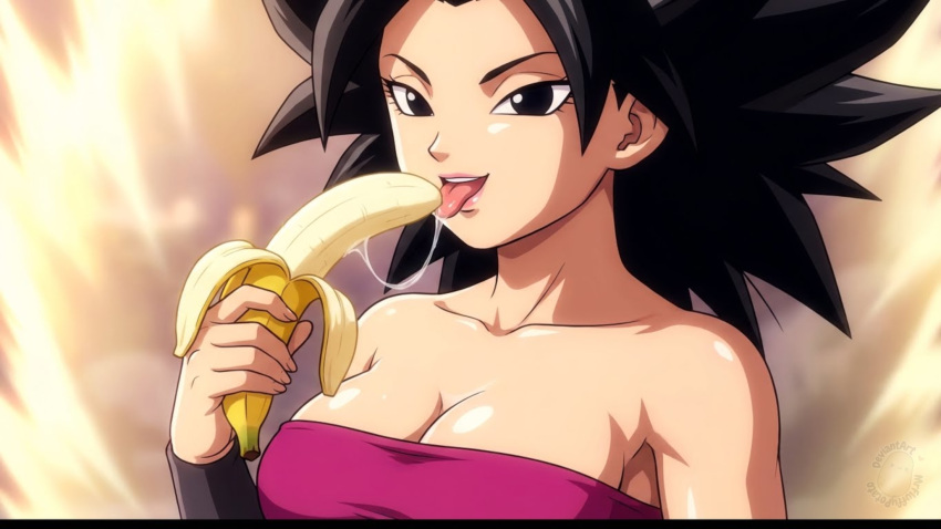 1girl arm_at_side banana bangs bare_arms bare_shoulders big_breasts black_eyes black_hair breasts caulifla cleavage collarbone dragon_ball dragon_ball_super female_only female_solo food fruit hair_up half-closed_eyes hand_up holding holding_banana holding_food holding_fruit licking lips lipstick long_hair looking_at_viewer makeup mrfluffypotato naughty_face neck open_mouth parted_bangs pink_lipstick pink_tubetop round_teeth saiyan saiyan_girl saliva saliva_trail sexually_suggestive smile spiky_hair strapless teeth toei_animation tongue tongue_out tubetop upper_body upper_teeth upper_teeth_only